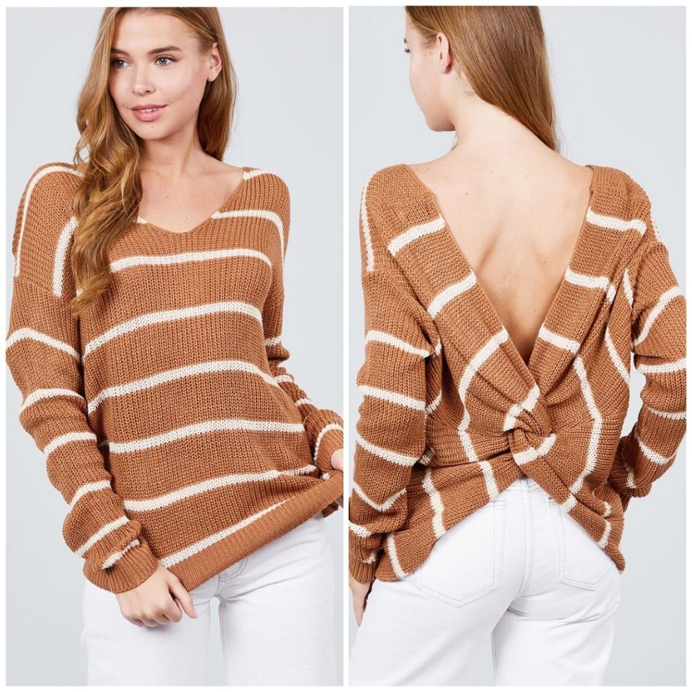 FEW LEFT❗Caramel Ivory Striped Back Twist Sweater - Picture 3 of 3